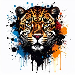 Vibrant jaguar head with colorful paint splatters against a white background