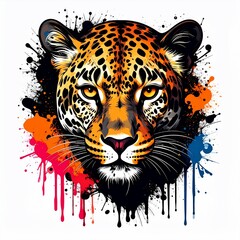 Vibrant leopard head explodes in a chaotic burst of colorful paint splatters