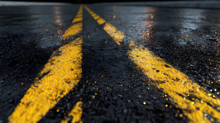 Wet asphalt road with yellow line marking, with focus on the details of the surface