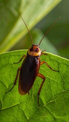 Macro shot of an insect resting on a lush green leaf