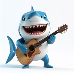 Cartoon shark enthusiastically plays an acoustic guitar, smiling widely