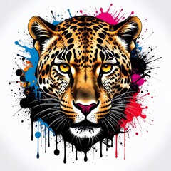 Vibrant cheetah head art with colorful ink splatters and drips