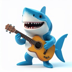 Cheerful cartoon shark with fins and big grin plays acoustic guitar