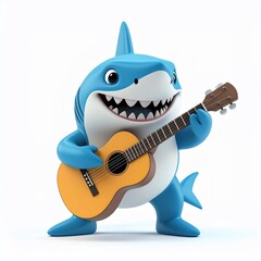 Animated blue shark with wide smile playing an acoustic guitar