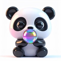 Adorable cartoon panda blows a shiny, iridescent bubble