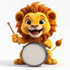 A cheerful, cartoon lion with a fluffy mane plays a drum