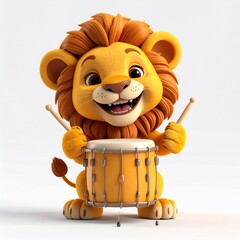 Cartoon lion cub happily plays a drum with sticks