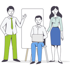 Three people in business casual attire collaborating on a project with one person using a laptop near a whiteboard illustration