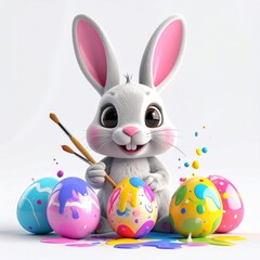 Adorable bunny painting colorful Easter eggs with brushes