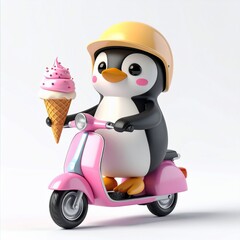 Adorable penguin with ice cream on a pink scooter, wearing a yellow helmet