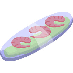 Three Pink Shrimp Arranged on a Green Bed of Lettuce in a Clear Oval Dish with a Translucent Blue Rim Isolated on White