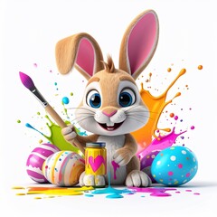 Adorable bunny paints colorful Easter eggs with vibrant splashes of paint