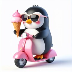 Adorable penguin in sunglasses joyfully rides a pink scooter, holding a strawberry ice cream cone