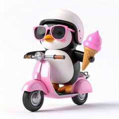 Cute cartoon penguin with sunglasses and helmet rides pink scooter holding pink ice cream