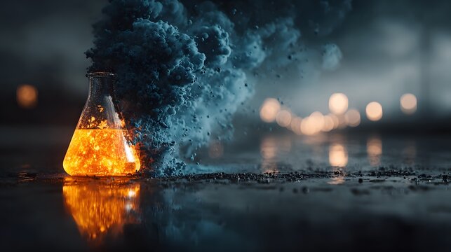 A science experiment with an erlenmeyer flask filled with orange liquid and a blue smoke background