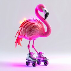 Whimsical flamingo on roller skates with glowing accents, a vibrant, playful scene