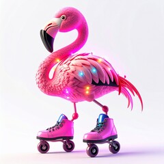 Whimsical pink flamingo on roller skates, adorned with festive string lights