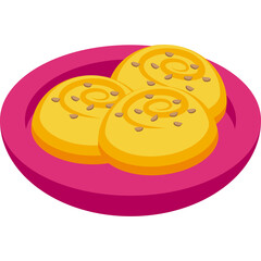 Three Round Yellow Pastries with Brown Sprinkles on a Magenta Plate Flat Illustration