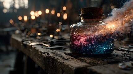 A potion bottle with a cork stopper sitting on a wooden table with sparks and smoke around it