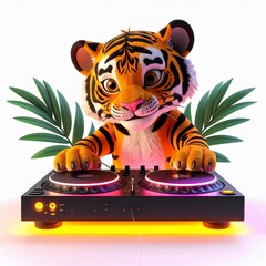 Adorable cartoon tiger with bright eyes, paws on a glowing DJ deck, with tropical leaves