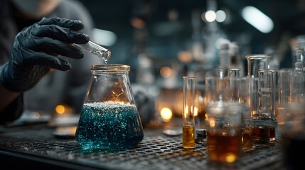 Scientist in gloves pouring liquid into a flask with blue bubbling solution in laboratory setting