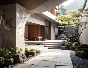 Modern courtyard showcasing a serene outdoor space with stone and foliage