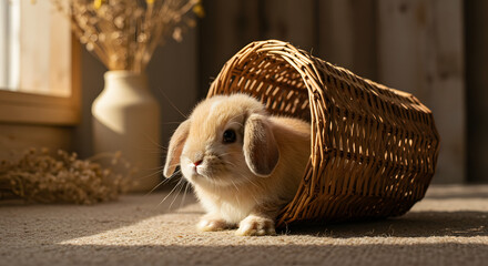 Obraz premium Rabbit in wicker basket on carpet with sunlight
