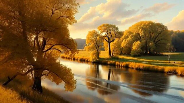 autumn landscape with river and bridge