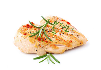 Chicken breast, fried meat, with spices isolated on white background.