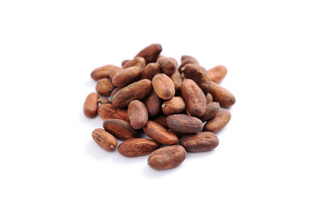 Fresh cacao beans on white background