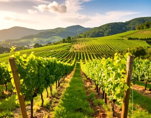Rows of grapevines on a sunny, rolling hillside