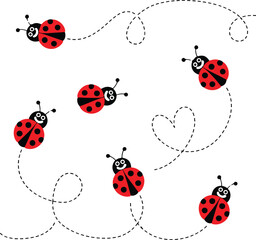 Cute cartoon ladybugs flying in dotted lines on white background © Nurcreator