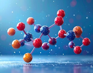 Molecular structure visualization, rendered with colorful spheres on a blue backdrop