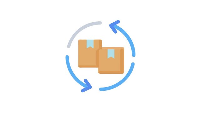 Boxes and circular arrows represent product returns and exchange