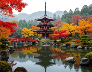 A pagoda surrounded by colorful autumn foliage reflected in a tranquil pond with a red bridge