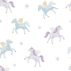 Seamless watercolor pattern with blue winged horses and delicate bows. Perfect for nursery textiles, kids wallpaper, fabric prints, baby clothes, scrapbooking, and magical-themed designs.