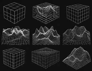 Nine geometric mesh visualizations showcasing cubes & terrain forms