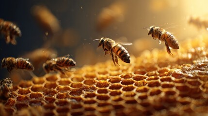 Fototapeta premium Honeybees in flight, approaching a golden honeycomb, backlit by a warm, sunlit glow; some bees are in motion, others land on the hexagonal cells