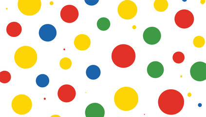 A cheerful, abstract background with scattered polka dots in bright red, yellow, blue, and green on a clean white canvas.