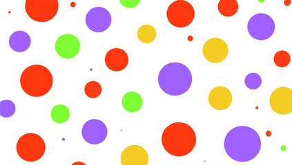 A vibrant, abstract pattern of colorful circles in red, green, purple, and yellow scattered across a white background.