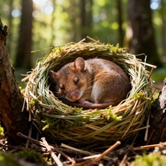 숲속풀둥지에서잠자는귀여운겨울잠쥐