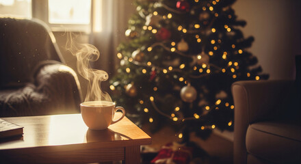 Warm Christmas Morning Coffee on Wooden Table
