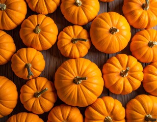Overhead view of vibrant, orange pumpkins on a rustic wooden surface