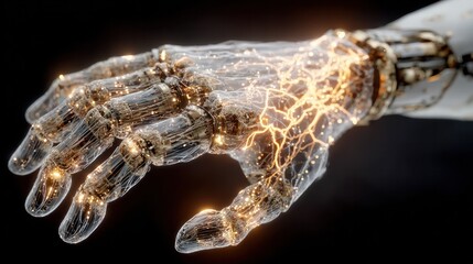 Cybernetic Hand: A detailed rendering of a cybernetic hand, with intricate mechanical components, hinting at the fusion of technology and the human form.