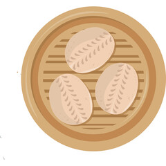 Three Textured Steamed Buns Arranged Inside A Round Bamboo Steamer Basket Isolated On A Transparent Background