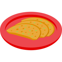 Three Slices of Golden Toast Topped with Green Herbs on a Red Plate with Transparent Background a Simple Cartoon Style Food Illustration