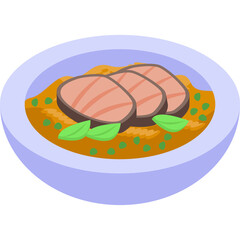 Three Slices of Grilled Meat Served Over a Grain Dish with Green Herbs on a Blue Plate