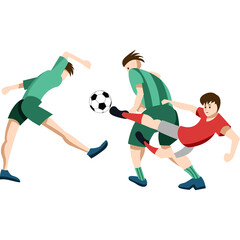 Three soccer players in mid action with one kicking the ball in a dynamic sports scene with a transparent background