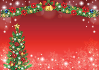 クリスマス背景、ツリーとモール、赤、かわいい、イラスト、横