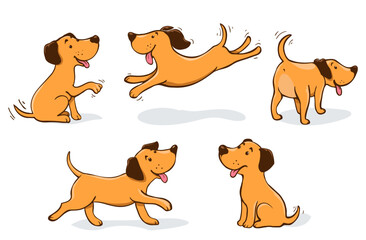 Cute cartoon dog in different poses. Funny playful puppy illustration set showing jumping, running, sitting, and wagging tail. Happy pet character collection isolated on white background.